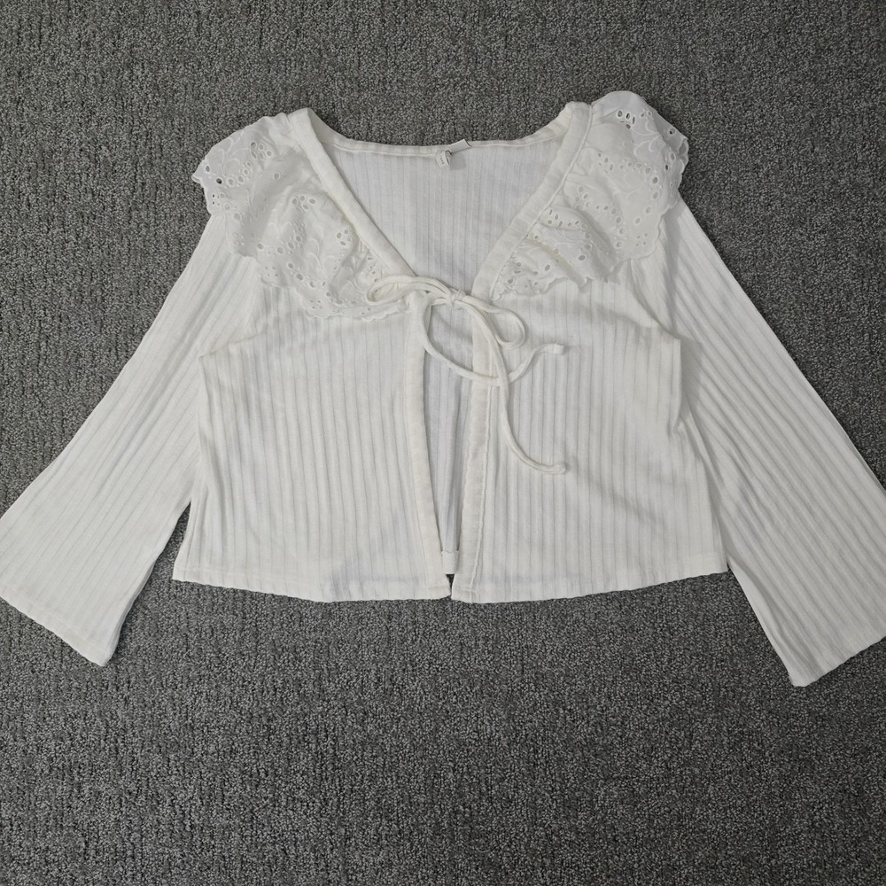 Cato White Ribbed Tie Front Cardigan Eyelet Ruffle Cottagecore Size M